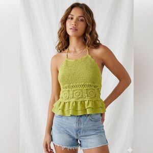 Milk & Honey Green Hippie Boho Crochet Lined Halter Top Size XL